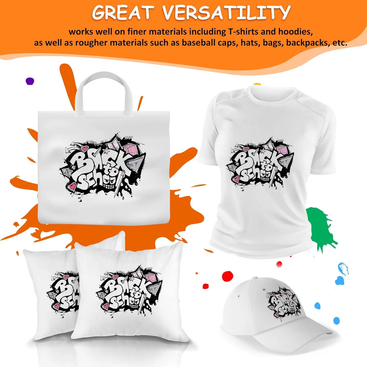 Various items like tote bags, t-shirts, hats, and backpacks featuring a black and white graphic design.