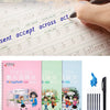 A set of three reusable English italic handwriting practice copybooks in pink, green, and blue.