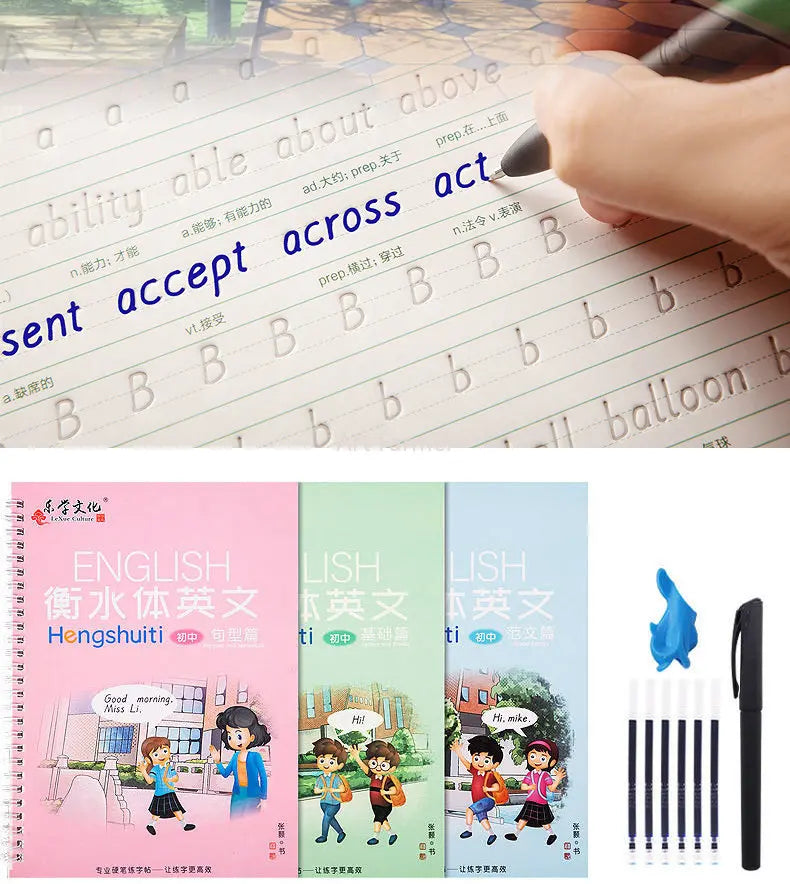 A set of three reusable English italic handwriting practice copybooks in pink, green, and blue.