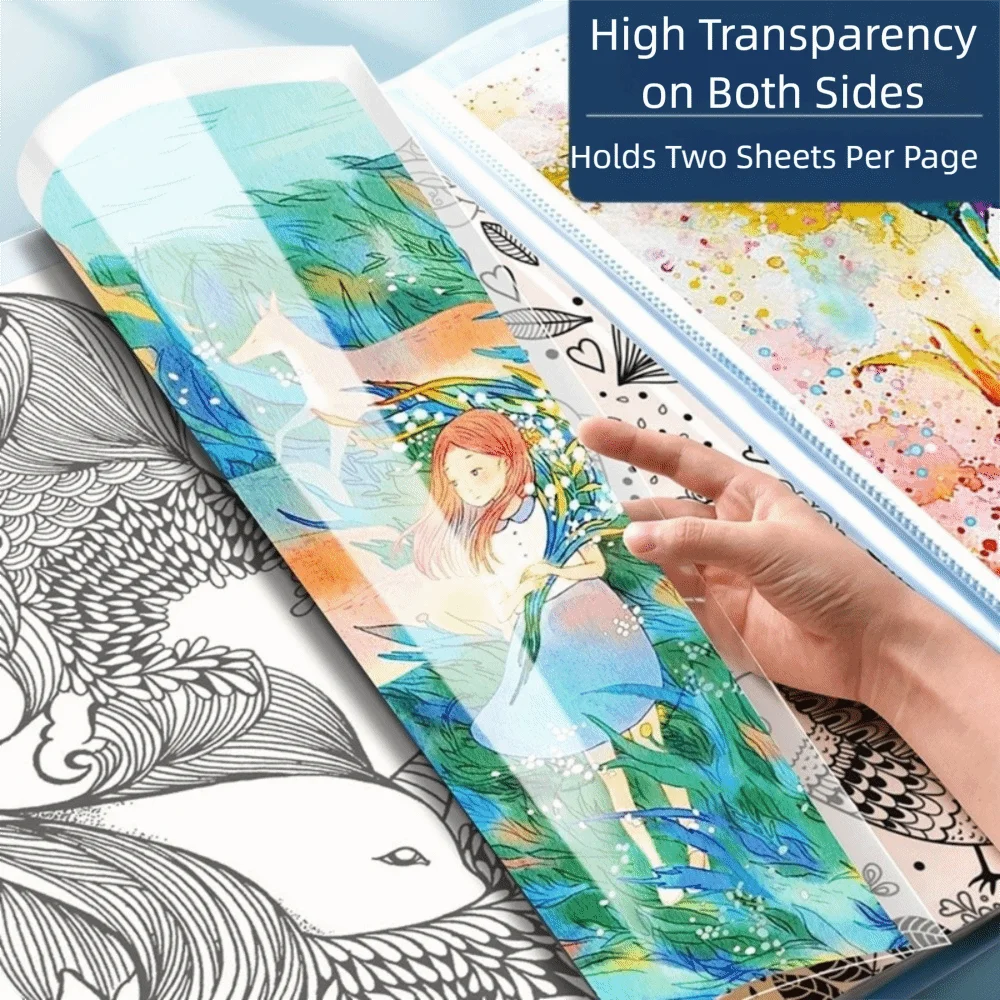 A transparent diamond painting storage album showing two sheets of artwork on a page.