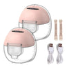 A pink hands-free wearable breast pump with clear silicone components and power cords.