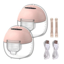 A pink hands-free wearable breast pump with clear silicone components and power cords.