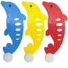 A set of three colorful plastic fish dive toys in blue, yellow, and red.