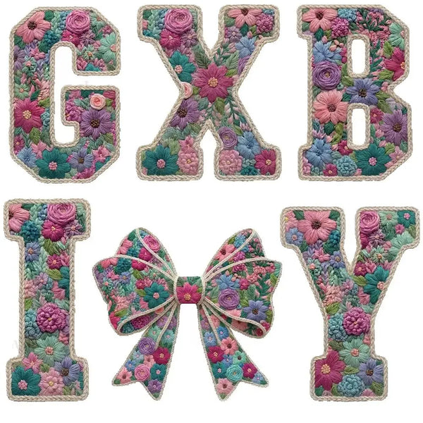 Parches de letras florales en rosa, morado y verde con lazos para ropa DIY