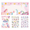 A colorful sticker book featuring various scenes and characters of unicorns and magical creatures for kids