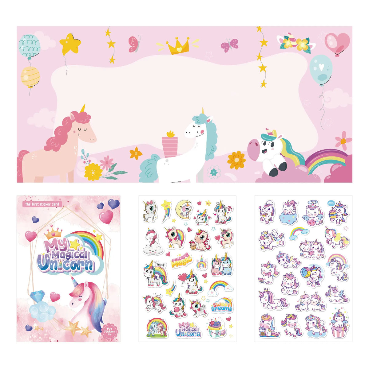 A colorful sticker book featuring various scenes and characters of unicorns and magical creatures for kids