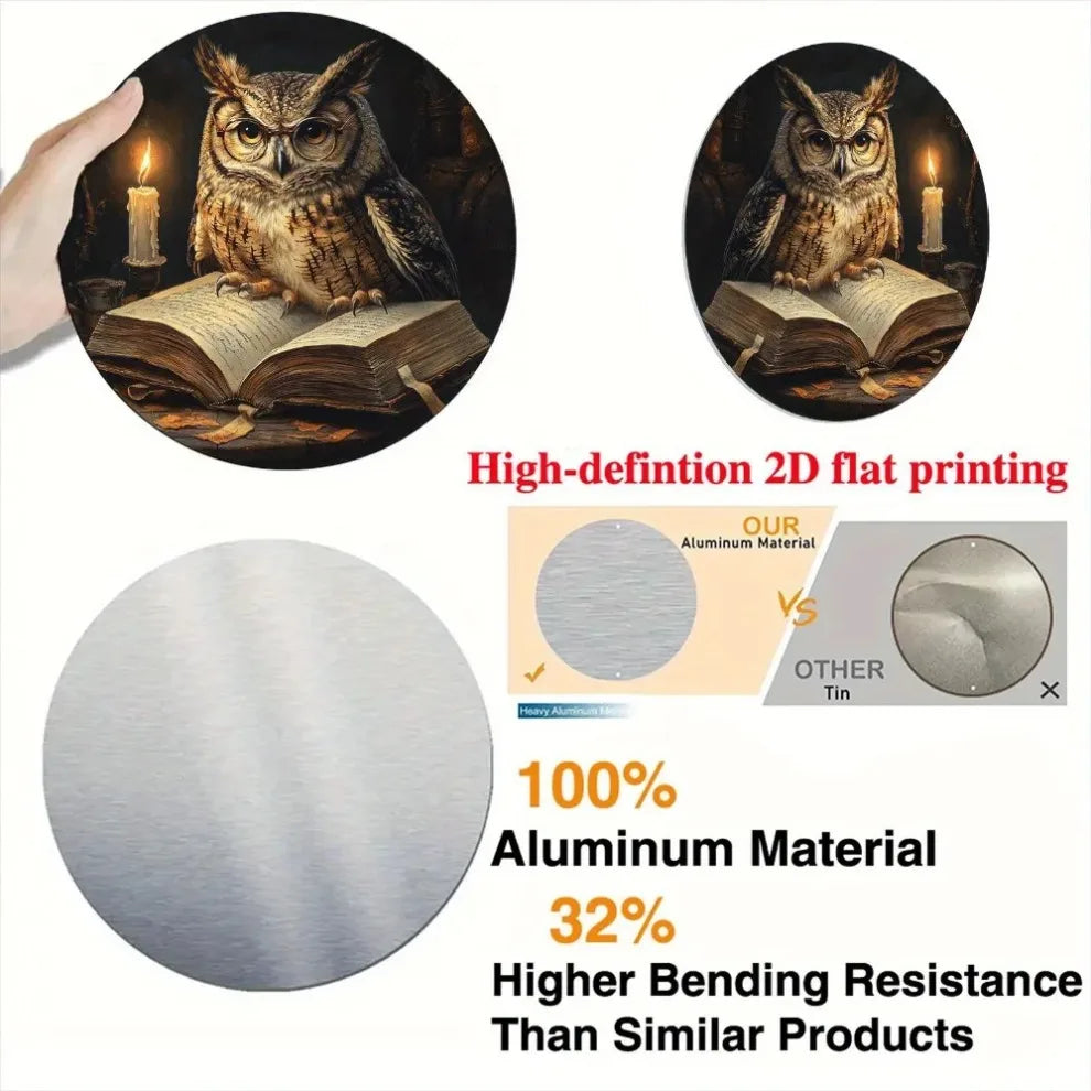 High-definition 2D flat printing of a rustic aluminum owl and book round wall sign.