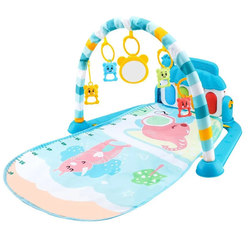 Buntes Musikspielgym für Babys mit gebogenem Bogen und hängenden Spielzeugen.