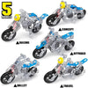 Five models of a metal building motorcycle construction kit showing racing, concept, offroad, and halley versions.