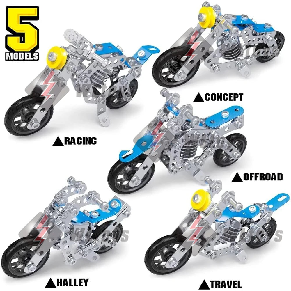 Five models of a metal building motorcycle construction kit showing racing, concept, offroad, and halley versions.