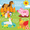 Montessori-inspired activities featuring farm animals like a horse, pig, duck, and chicks for toddlers.