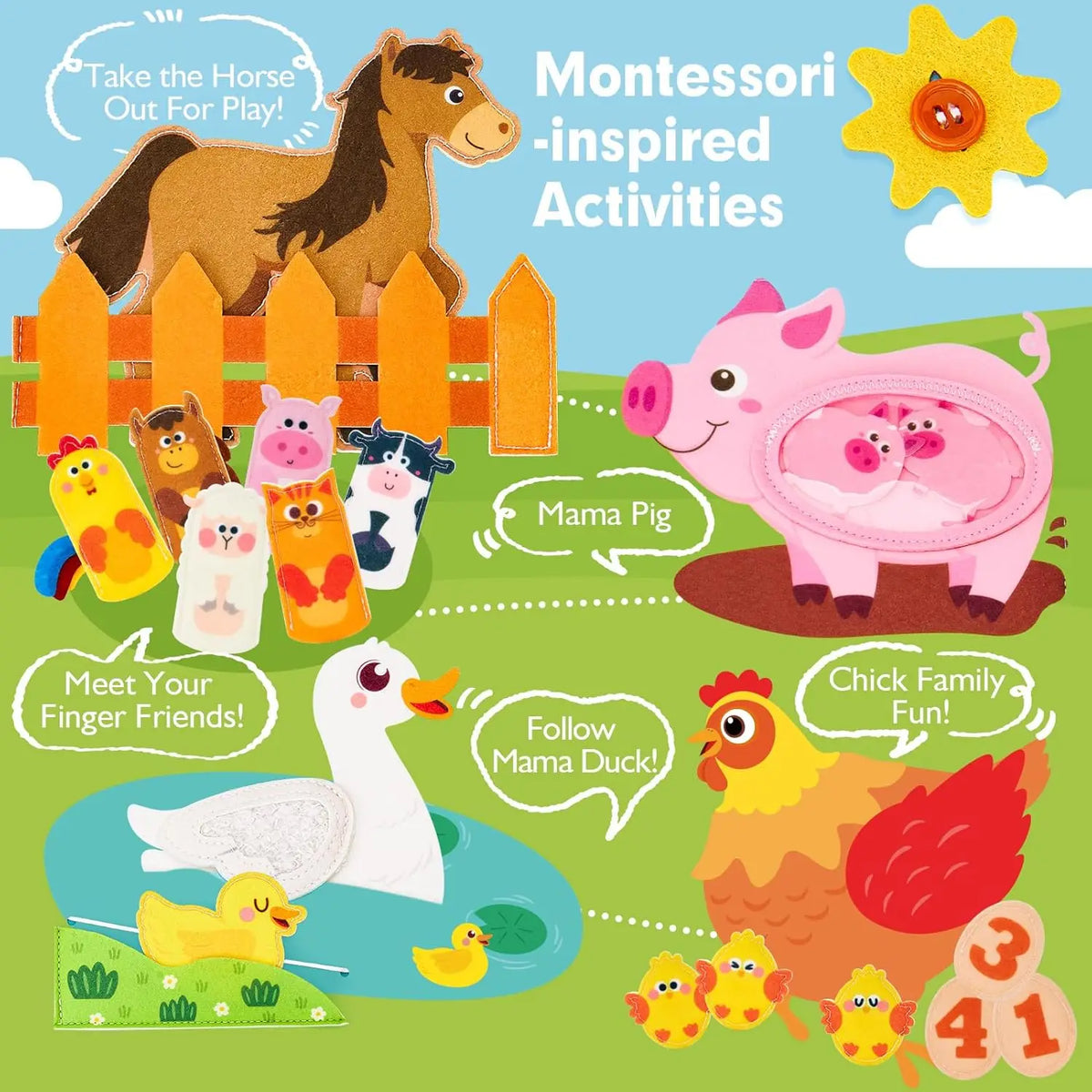 Montessori-inspired activities featuring farm animals like a horse, pig, duck, and chicks for toddlers.