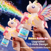 A hand holds a pink unicorn toy bubble gun with colorful lights and a clear bubble bottle against a dark background.
