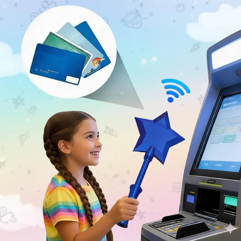 A young girl holds a blue magic wand next to a credit card holder device.