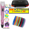 A pink 3D printing pen with an LCD display, a carrying case, and spools of colored PLA filament.