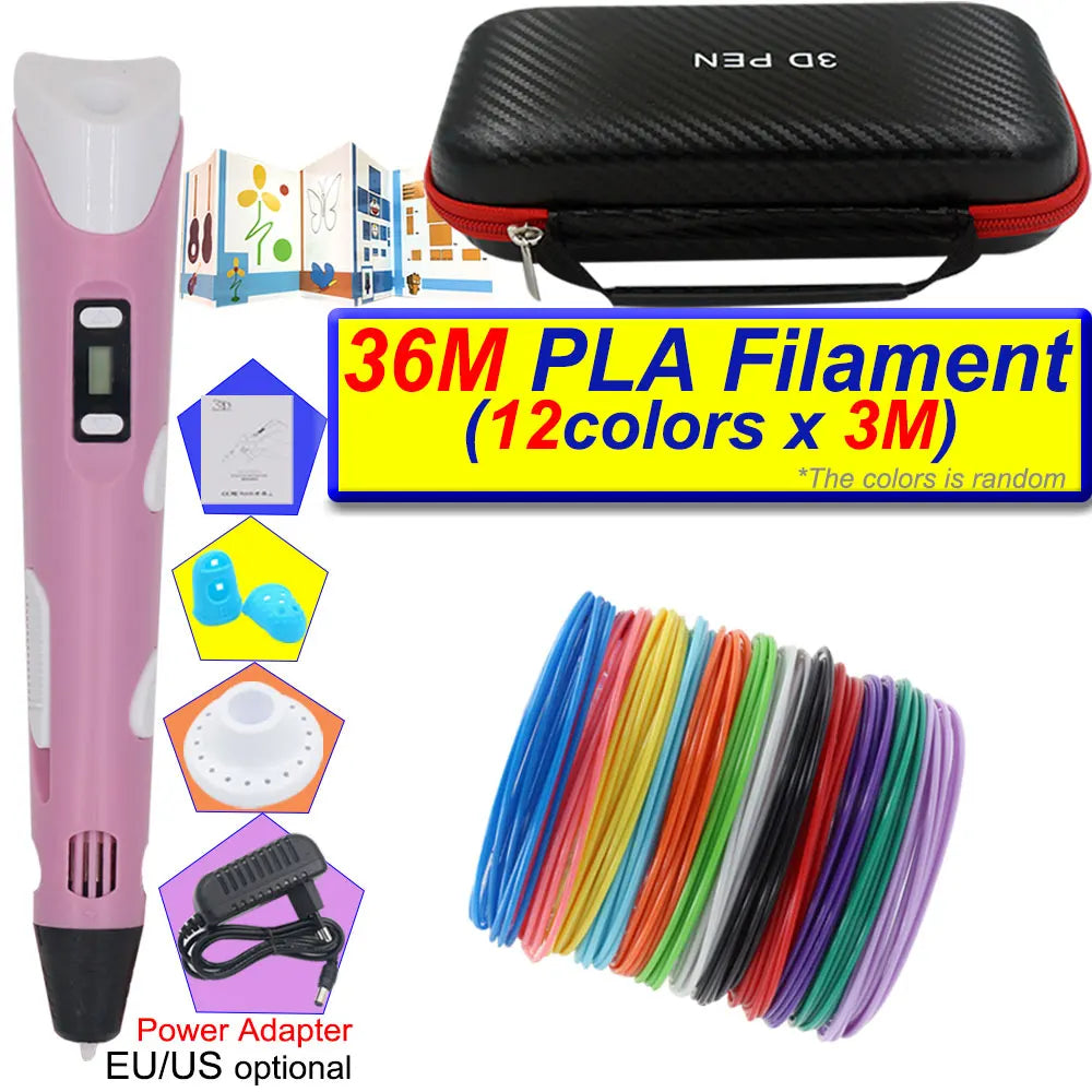 A pink 3D printing pen with an LCD display, a carrying case, and spools of colored PLA filament.