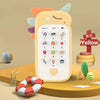 A yellow baby phone toy with a smiling face and various buttons is shown next to a pacifier and teething rings.