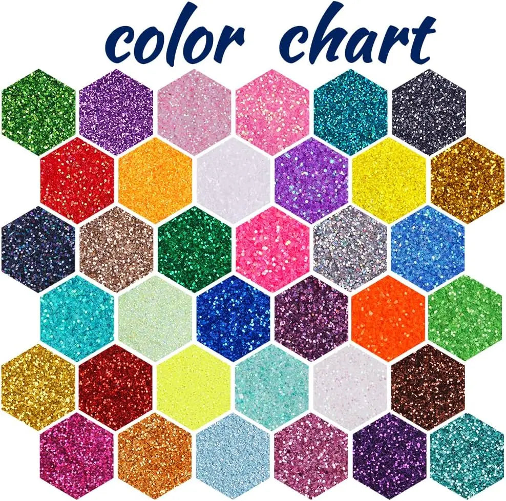 A colorful chart displaying 36 shades of holographic glitter powder for crafts, nails, and resin art.