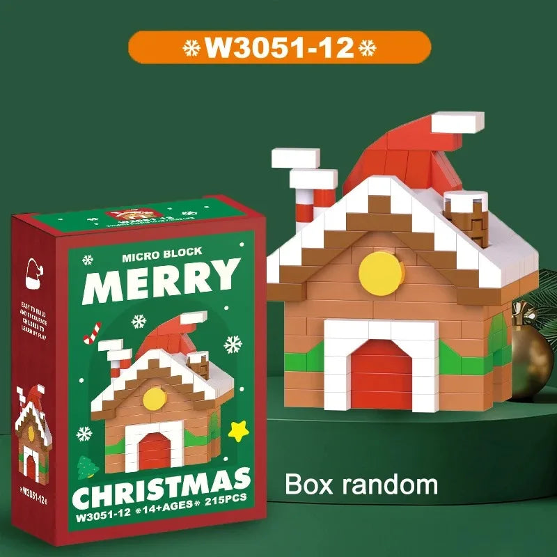 A box of Christmas micro building blocks featuring a house with a red roof and green accents.