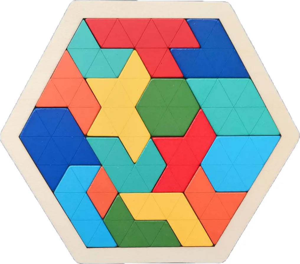 A wooden tangram puzzle set with colorful geometric shapes arranged in a hexagonal frame.