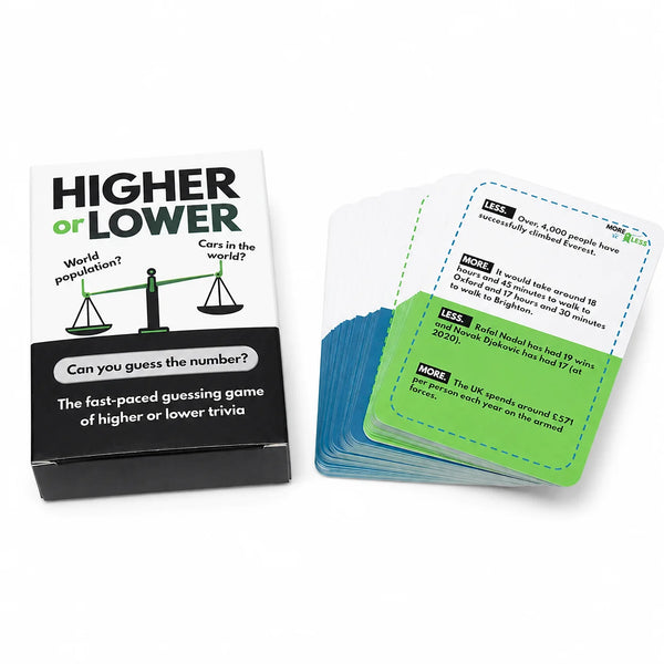 A box of Higher or Lower trivia cards featuring a scale graphic and various trivia questions.