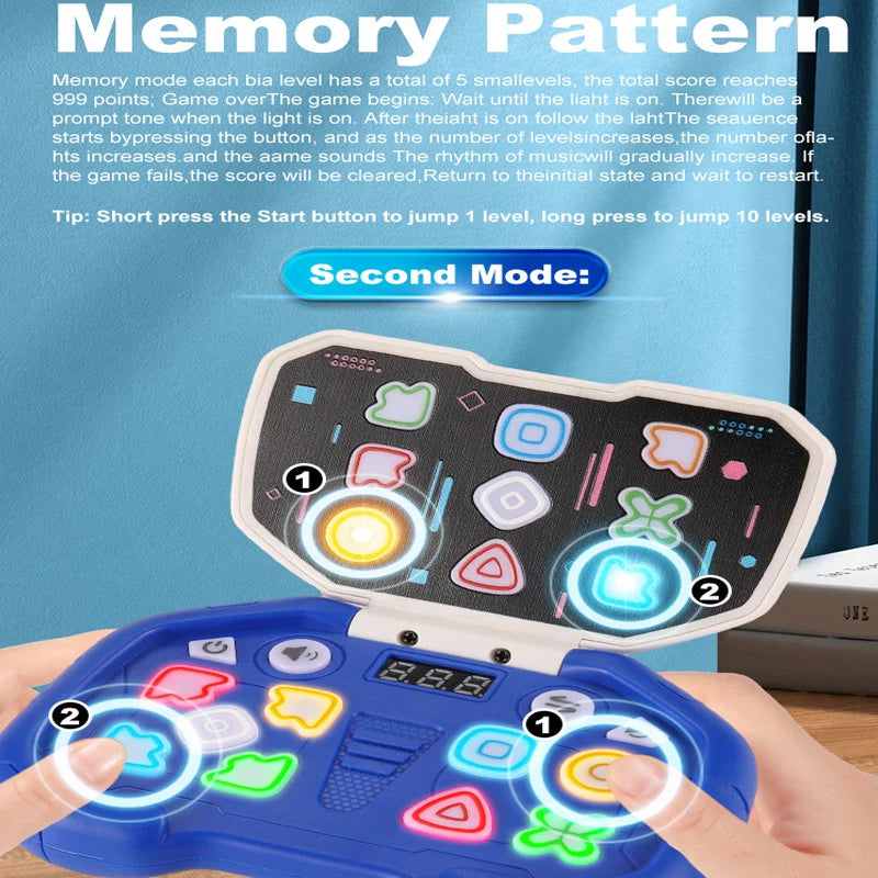 A hand holds a blue rhythm tap game console with glowing lights and colorful buttons.
