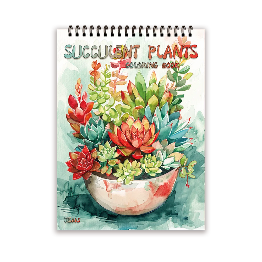 A watercolor illustration of various succulent plants in a pot, suitable for a coloring book.