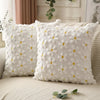 White embroidered daisy pattern pillow covers with soft faux fur texture