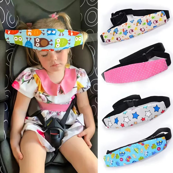 A young girl is shown using an adjustable baby car seat head rest with colorful patterns.