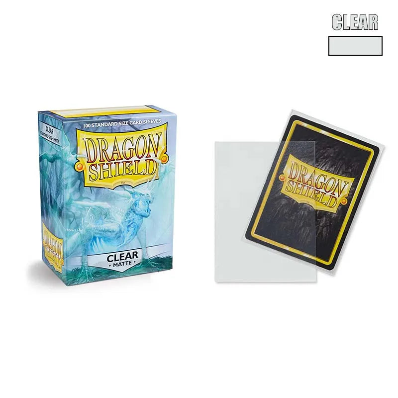A box of Dragon Shield clear matte card sleeves with a dragon design and a separate sleeve sample.