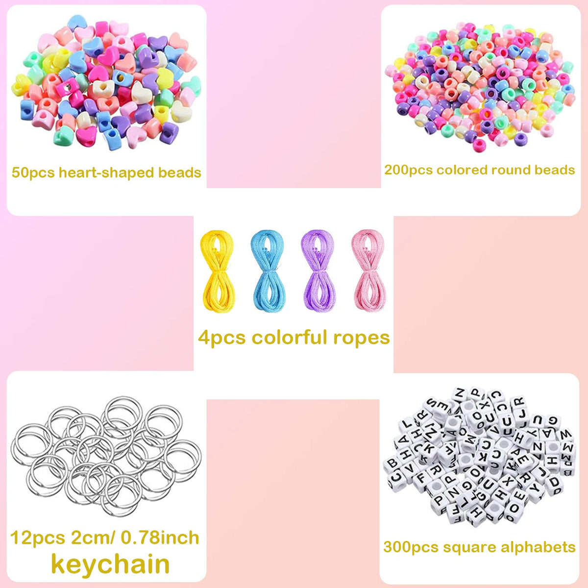 A kit containing 50 heart-shaped beads, 200 colored round beads, four colorful ropes, and a keychain with 12 beads and 300 sq