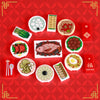A collection of mini food and building blocks including pizza, cake, and condiment bricks set against a red background.