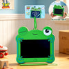 A green frog-shaped LCD drawing tablet keychain with a screen and eraser, displayed on a wooden surface.