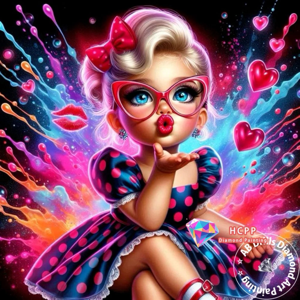 A cute cartoon girl with pink hair and glasses is featured in a vibrant diamond painting design.