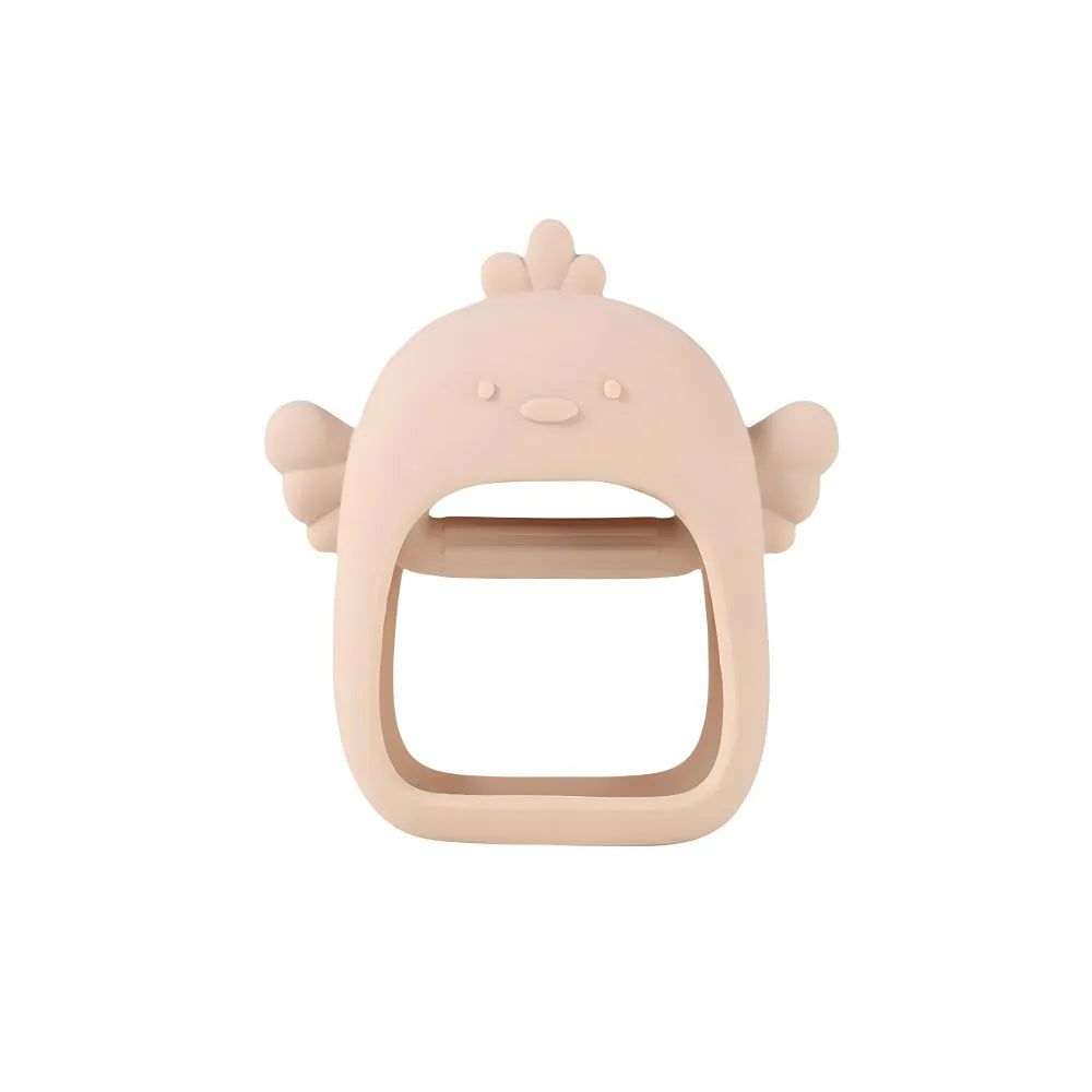A light peach silicone teether shaped like a hand for babies.