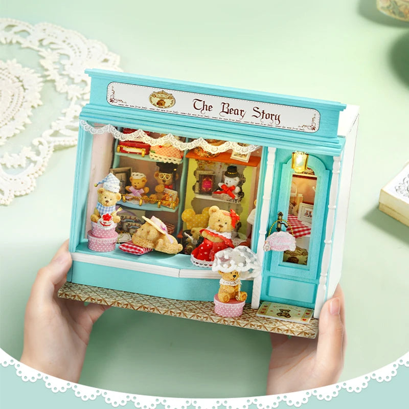 Wooden Dollhouse Kit with Furniture and Lighting
