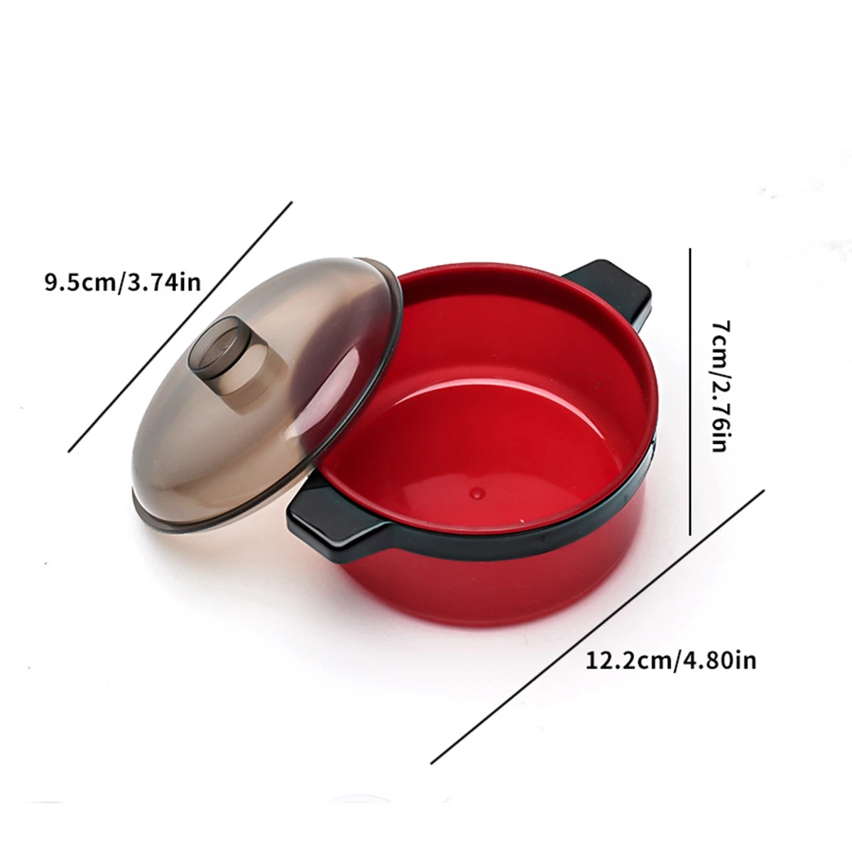 A red kids play kitchen cooking set featuring a pot and lid, shown with dimensions.