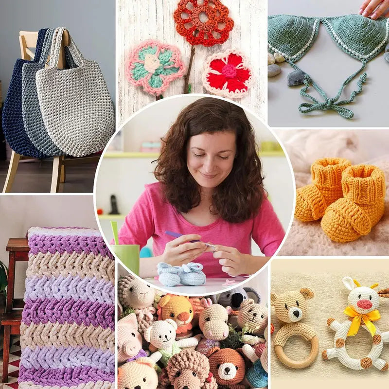 A collection of crochet items including a woven bag, knitted accessories, and various crochet hooks.
