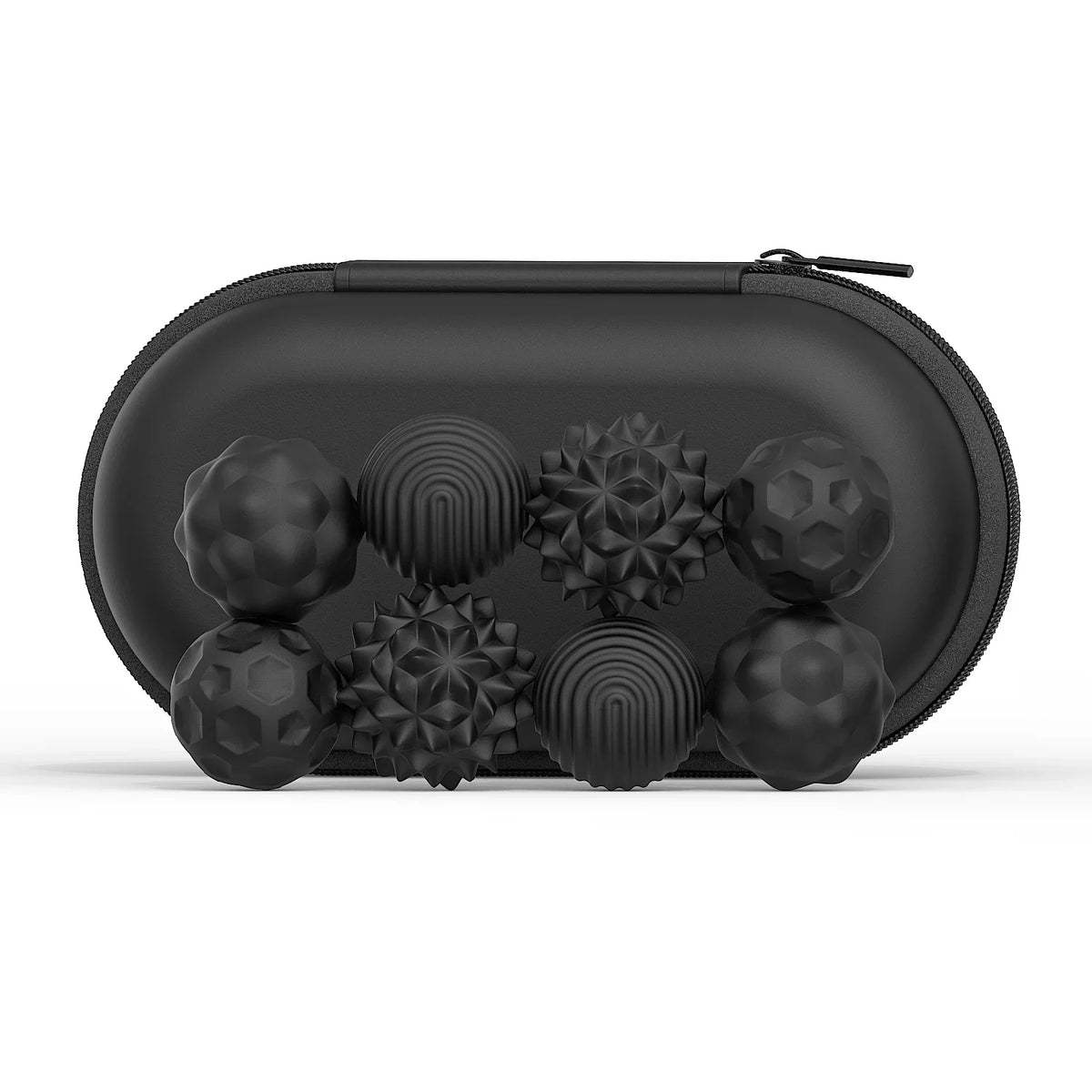 A black silicone massage ball set with a magnetic core, featuring various textured spheres.