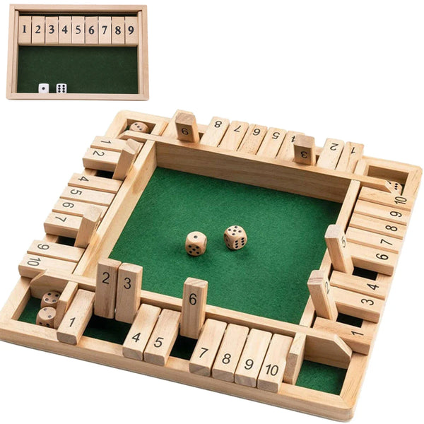 Et træspil 'shut the box' med terninger i træ og en separat talplade.