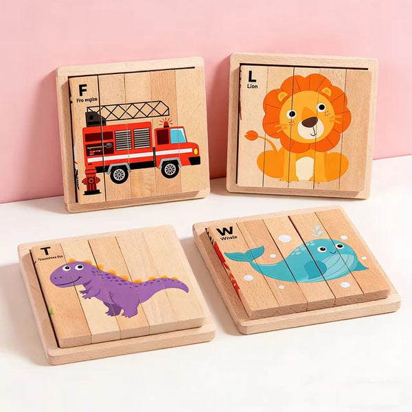 A set of wooden jigsaw puzzles featuring forest animals, a lion, and a dinosaur, displayed on a white surface.