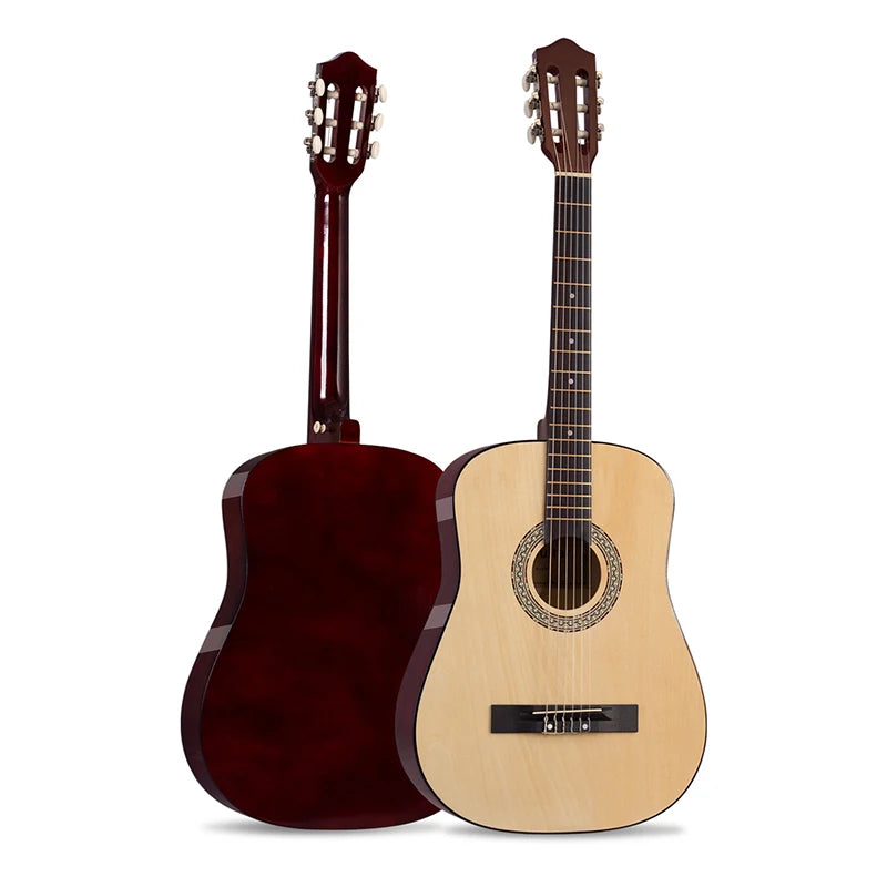 Guitare acoustique en bois avec une finition rouge foncé et un dessus en bois naturel, vue de face.