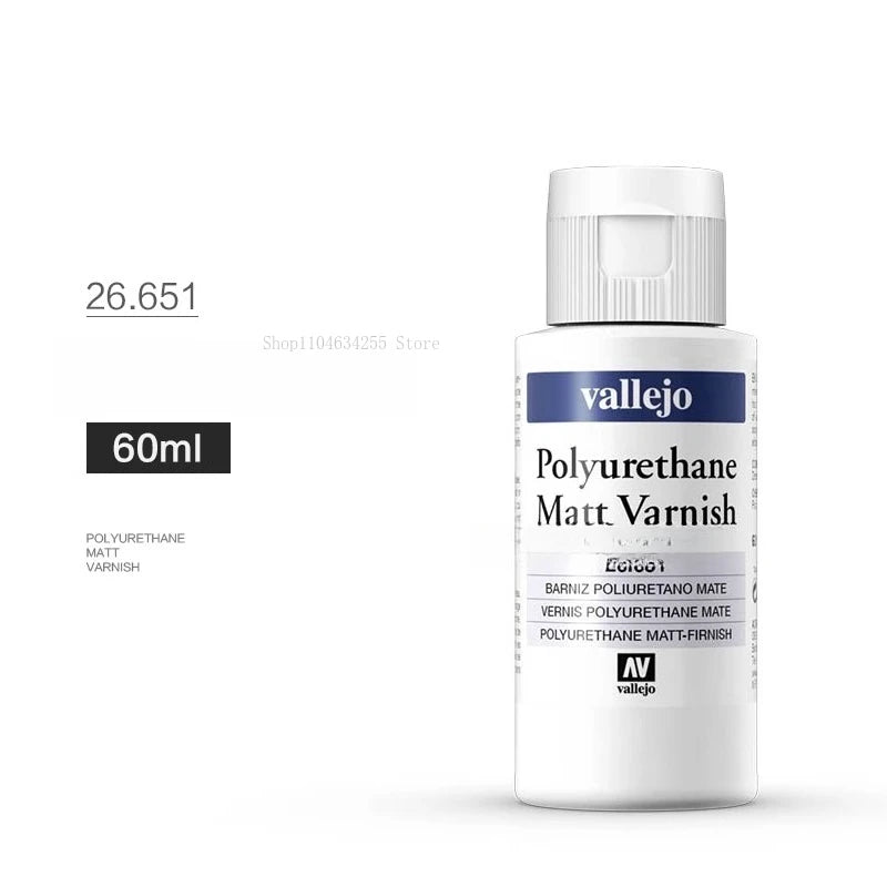 A white bottle of Vallejo Polyurethane Matt Varnish with a white cap and label.