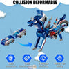 A blue transforming dinosaur car toy demonstrating collision deformable features and various benefits.