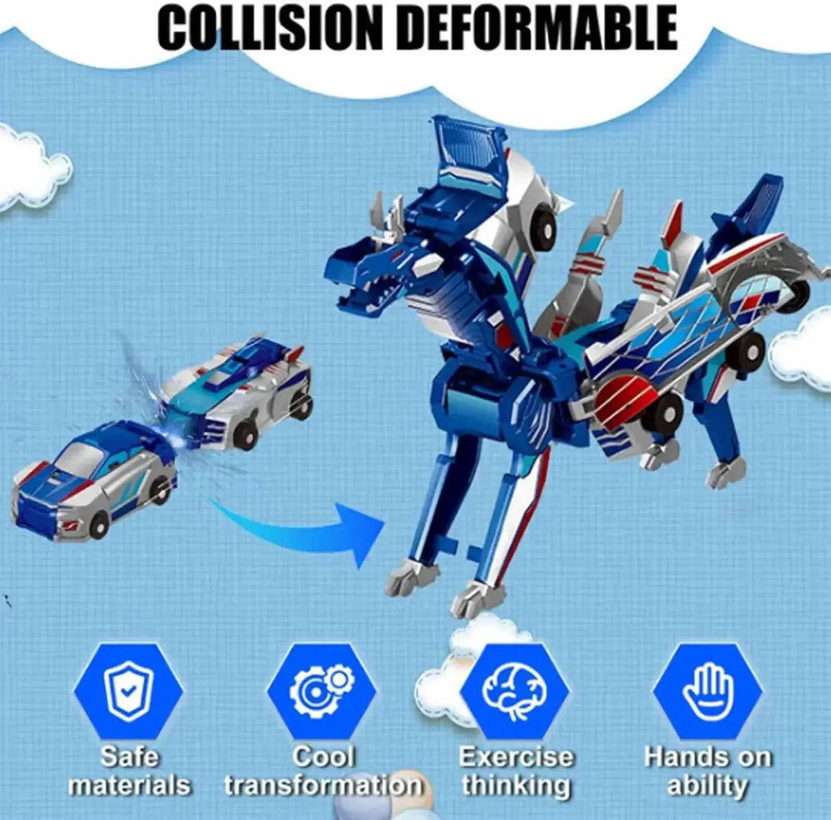 A blue transforming dinosaur car toy demonstrating collision deformable features and various benefits.