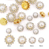 A collection of gold and silver crystal glass sunflower claw rhinestones for sewing, shown in various sizes.