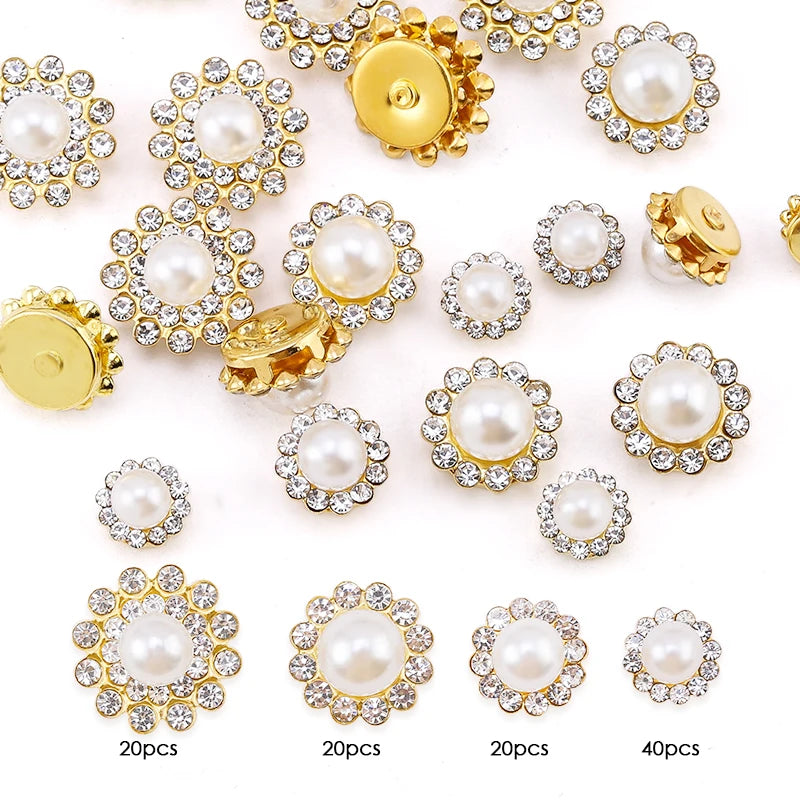 A collection of gold and silver crystal glass sunflower claw rhinestones for sewing, shown in various sizes.