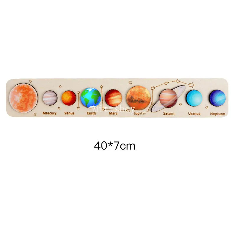 Montessori wooden solar system puzzle board showing planets like Mercury, Venus, Earth, Mars, Jupiter, Saturn, Uranus, and Ne