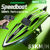 A bright green speedboat is shown with a hand operating the remote control, highlighting its high-speed performance.