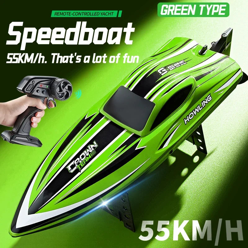 A bright green speedboat is shown with a hand operating the remote control, highlighting its high-speed performance.